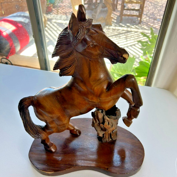 Hand Carved Rearing Stallion Sculpture Solid Wood 18” - Picture 7 of 15